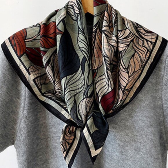2/$30  Large Velvety Silk Scarf with Leaf Print Autumn Floral Square Neck Bag - Picture 5 of 6